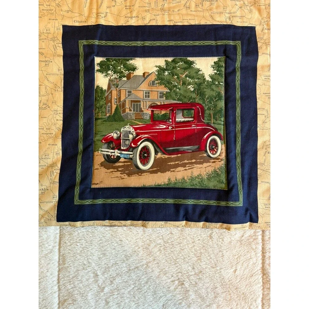 Vintage Handmade Quilted Vintage Antique Cars Throw Blanket and Pillows 42x50